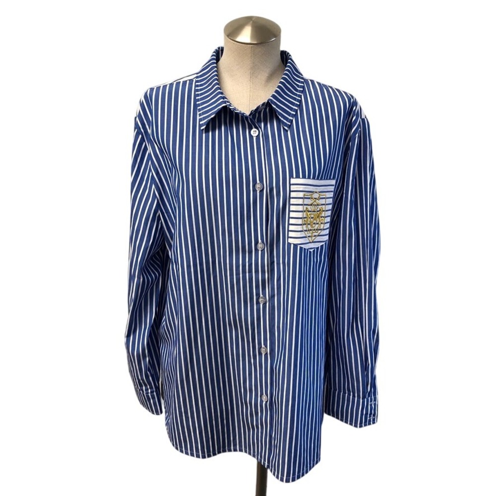 SSYS The Label Button Down Shirt Womens Large Blue White Striped Crest Pocket
